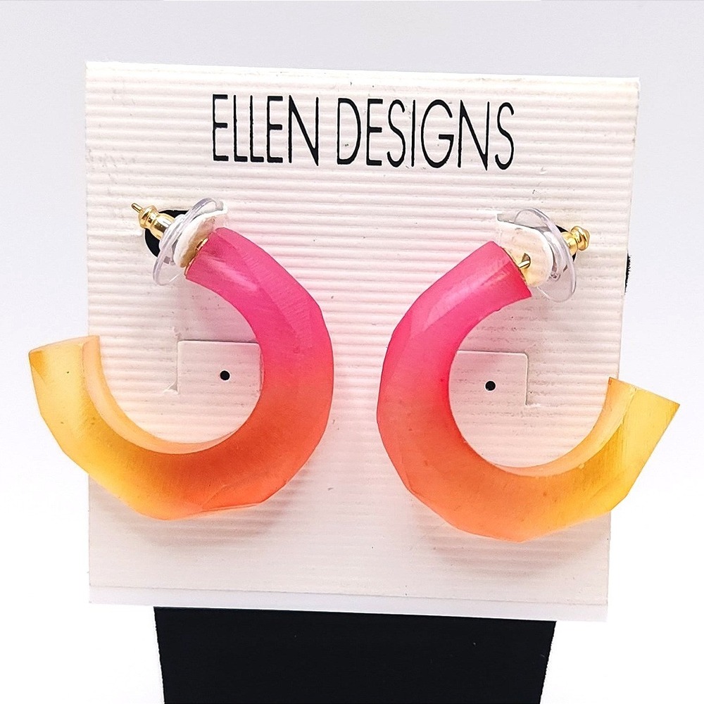 Ellen Designs Pink Orange Ombre Resin Hoop Earrings Chunky Geometric NWT